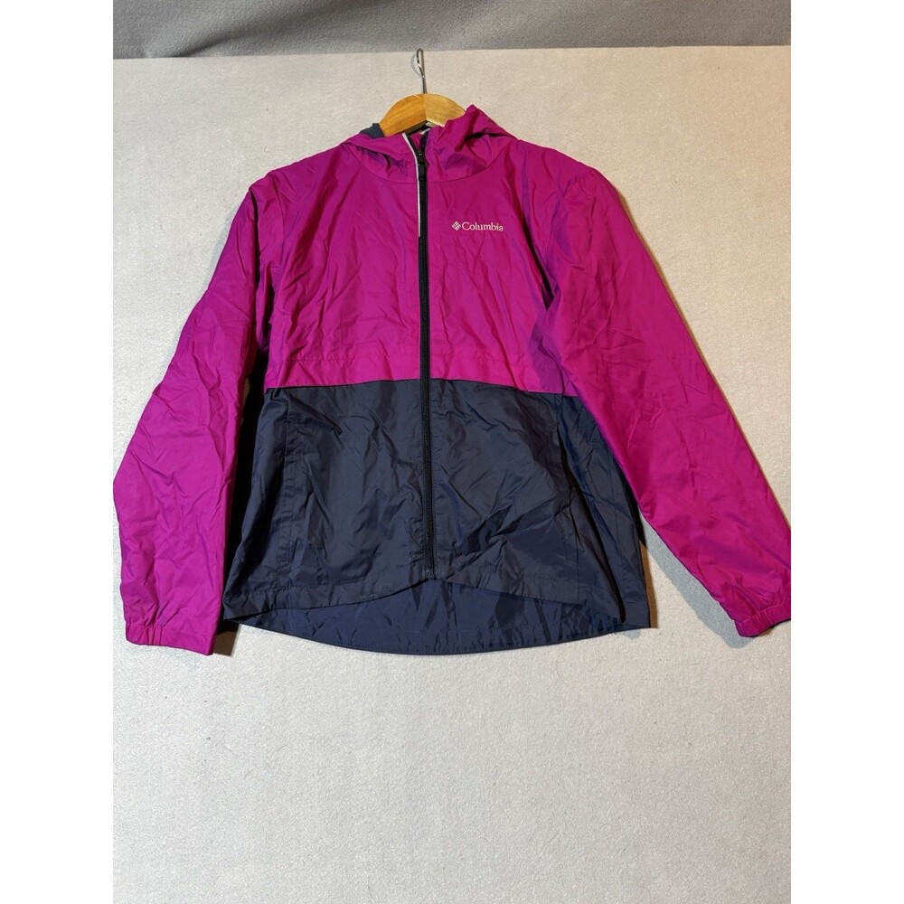 Columbia Rain Jacket Girl's L Pink Navy Hooded Full-Zip Windbreaker Outdoor